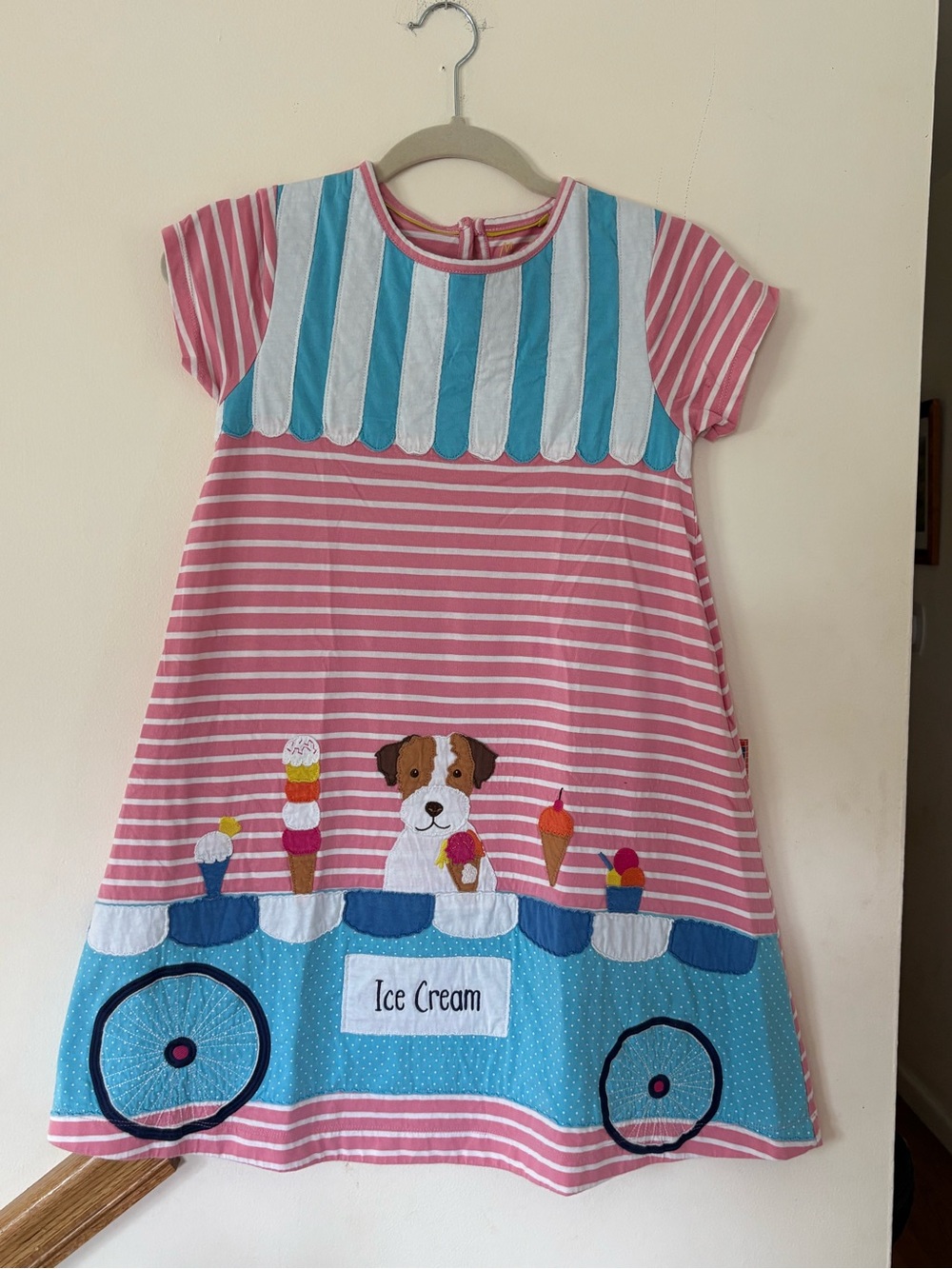 Boden Pink and Blue Striped Ice Cream Cart Swing Dress with Puppy Appliqué